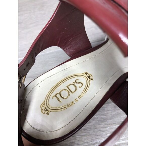 TOD'S Burgundy Patent Leather White Open Toe Heel Strap Sandals Women 35.5EU/5US - Picture 14 of 16